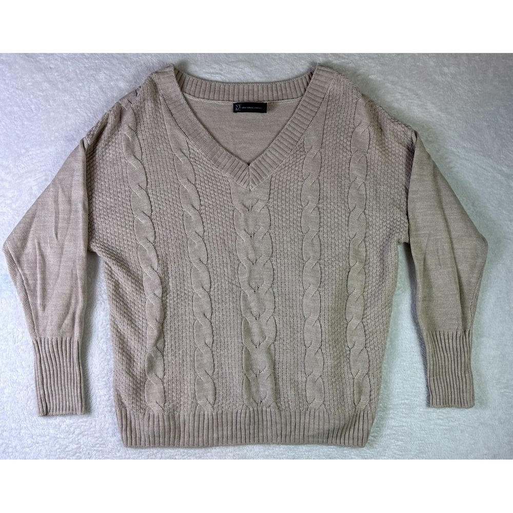 New York & Company womens Tan V-Neck Cable Knit Acrylic Sweater Top Size L Beige